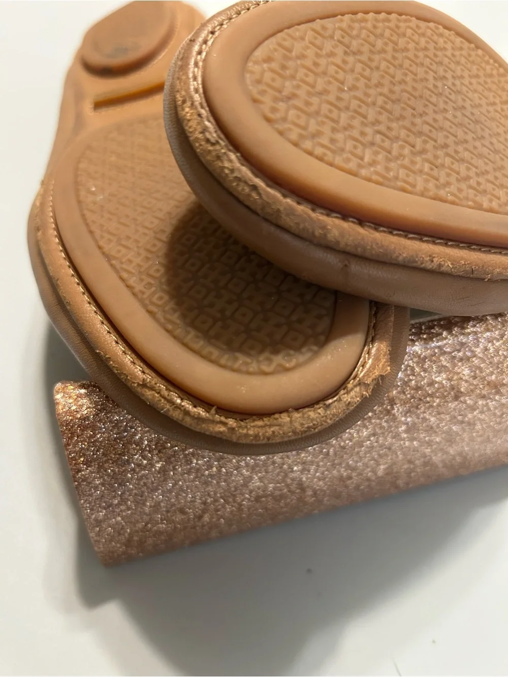 Tory Burch Tan Leather Logo Round-Toe Ballet Flats